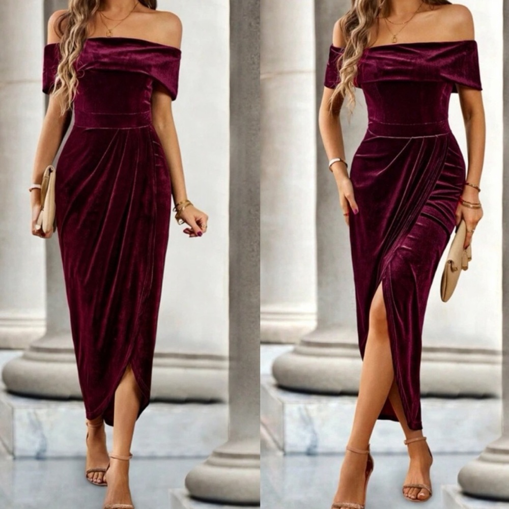Luxe Velvet Off Shoulder Evening Party Wedding Formal dress - Picture 6 of 9